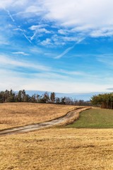 Fototapeta premium Country road between fields. Blue sky with clouds over landscape. Dirt road in the countryside in the Czech Republic.