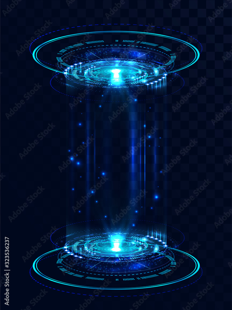 Poster Two Holograms in HUD style. Futuristic portals, luminous with blue shine. UI element for presentation and for GUI and virtual reality interface. Sky-fi hologram projector. Vector isolated illustration