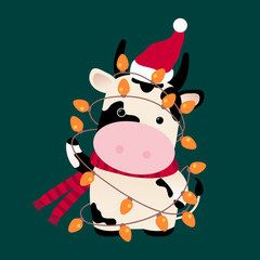 Ox with holiday tiny lights, Santa hat. Chinese Horoscope 2021 (Year of the White Metal Ox). Chinese New year symbol of 2021. Cute cow