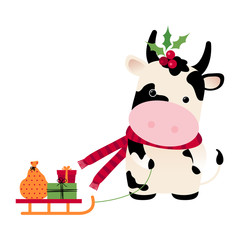 Fototapeta premium Ox with gifts on sled, holly berries. Chinese Horoscope 2021 (Year of the White Metal Ox). Chinese New year symbol of 2021. Cute cow