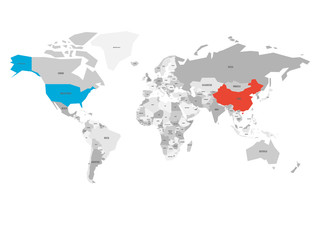 United States and China highlighted on political map of World. Vector illustration