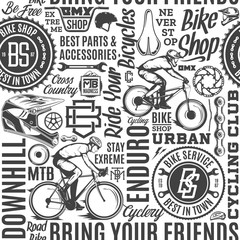 Fototapeta na wymiar Vector black and white typographic bicycle seamless pattern or background. Bike shop and service badges, mountain and road biking design elements
