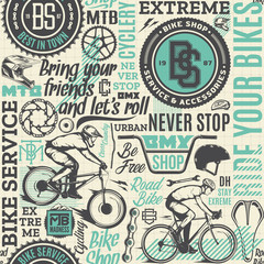 Vector typographic bicycle seamless pattern or background in black, teal and beige colors. Bike shop, service, mountain and road biking icons and design pieces