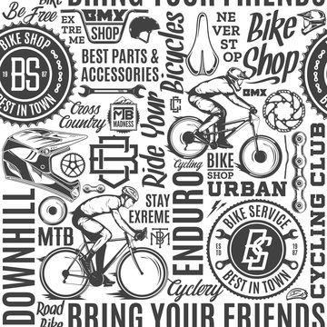 Vector black and white typographic bicycle seamless pattern or background. Bike shop and service badges, mountain and road biking design elements