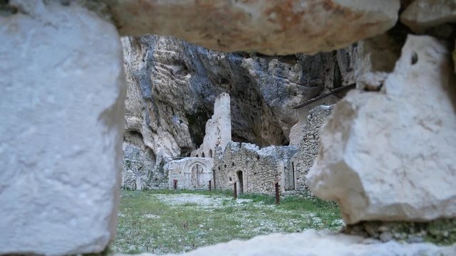 Fara San Martino, Majella National Park, Chieti, Abruzzo, Italy, Europe - January 9 2020: Remains of the old Benedictine abbey in the Gorges of Fara San Martino. Pope Celestine V Hermitage