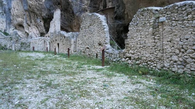Fara San Martino, Majella National Park, Chieti, Abruzzo, Italy, Europe - January 9 2020: Remains of the old Benedictine abbey in the Gorges of Fara San Martino. Pope Celestine V Hermitage