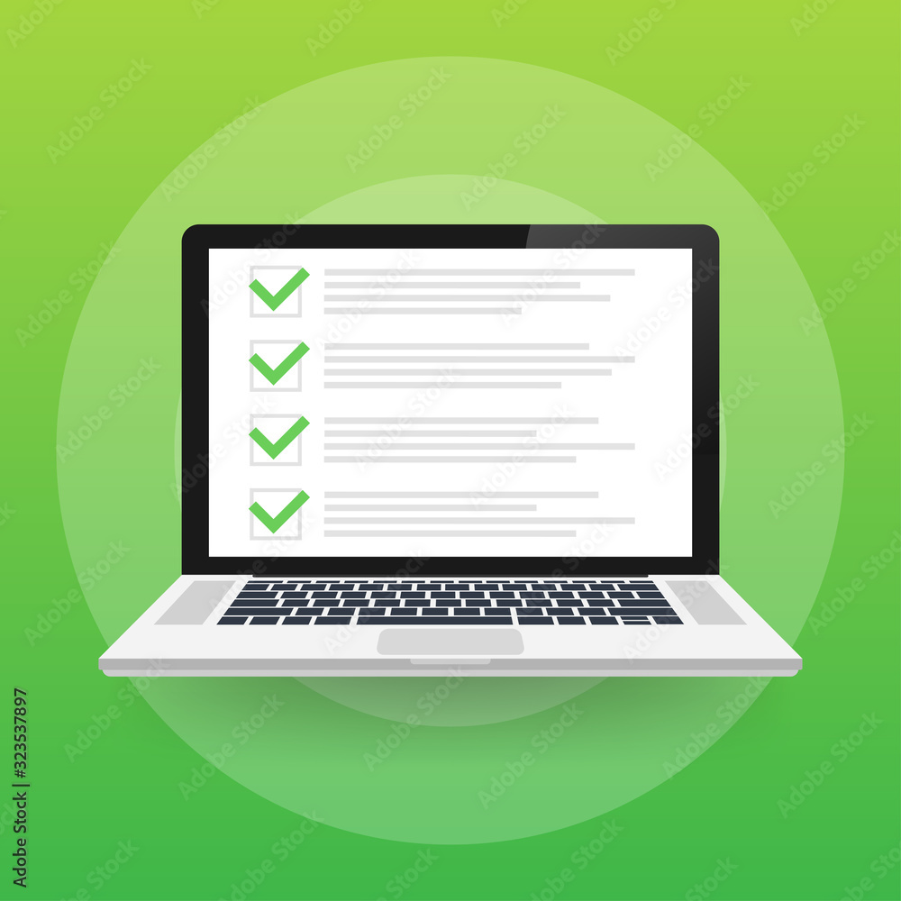 Poster checklist browser window. check mark. white tick on laptop screen. choice, survey concepts. vector s