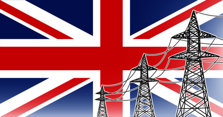 Fototapeta na wymiar United Kingdom (UK) electric power supply lines vector concept - three high voltage poles with wires on flag background, used colors blue, red, white