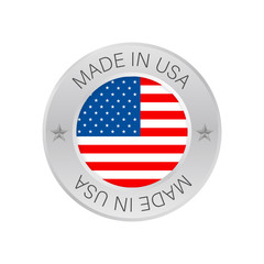 Glossy metal badge icon, made in USA with flag. Vector stock illustration.