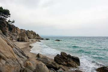 Fototapeta na wymiar Beautiful scenery by the sea in Vourvourou, Sithonia, Chalkidiki, Greece