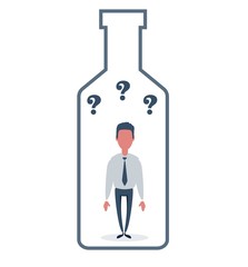 Alcohol and addiction, Young male character trapped inside a bottle, health problems. Vector flat design illustration.
