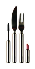 modern and simple in the form of a fork and knife, and identical lipstick and eyelash brush