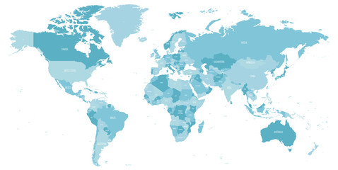 Map of World in shades of blue. High detail political map with country names. Vector illustration