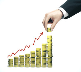 Hand businessman counts  golden coins