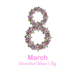 International Women's Day typography banner, 8 flowers sakura wreath. Art design stock vector illustration for web, for print, for congratulation card