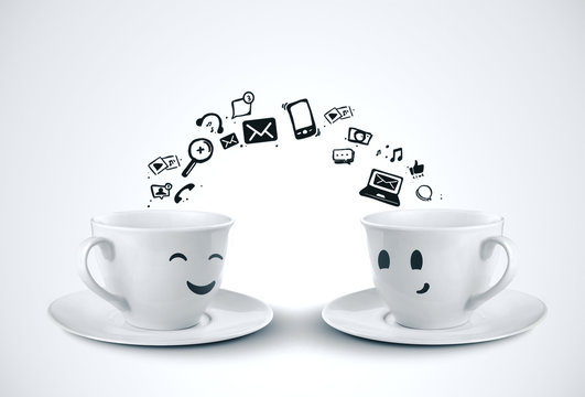 Two happy cups of coffe social media concept