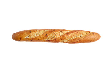one crispy french baguettes isolated on white background  with free space for text