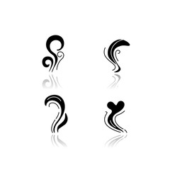 Good and bad smell drop shadow black glyph icons set. Stinky odor. Heart shape fluid, perfume scent. Aromatic fragrance curves. Smoke stream, fume swirls. Isolated vector illustrations on white space