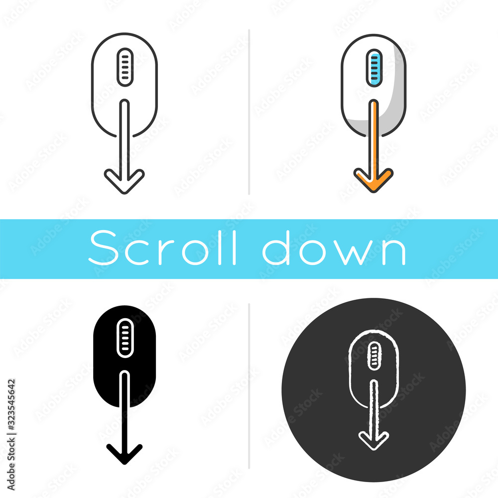 Poster mouse and down arrow icon. web page scrolling down indicator. cursor direction. pc mouse with moving