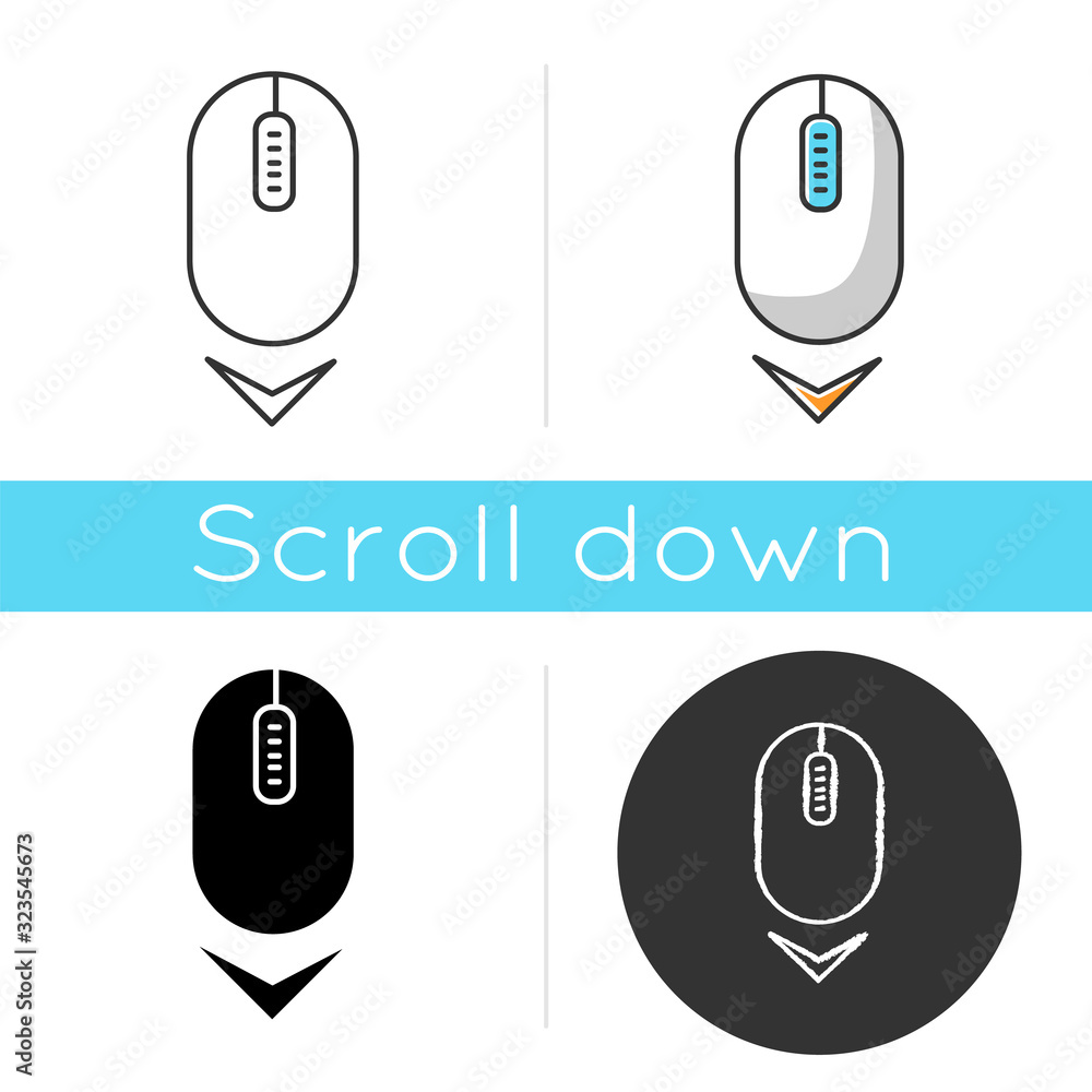 Poster scrolling mouse icon. down arrowhead indicator. internet page browsing cursor. modern computer eleme