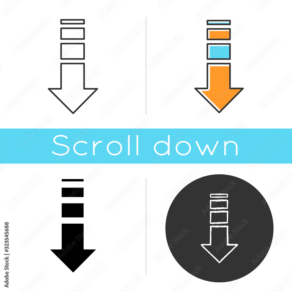 Poster down arrow icon. internet page browsing, website pointer. way direction indicator. downloading proce