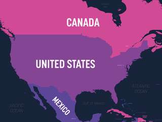 USA map. High detailed political map United States of America and neighboring countries with country, capital, ocean and sea names labeling