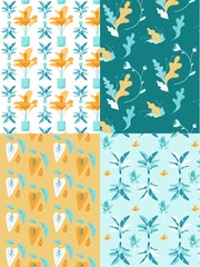 Creative Herbal Flat Vector Seamless Patterns Set