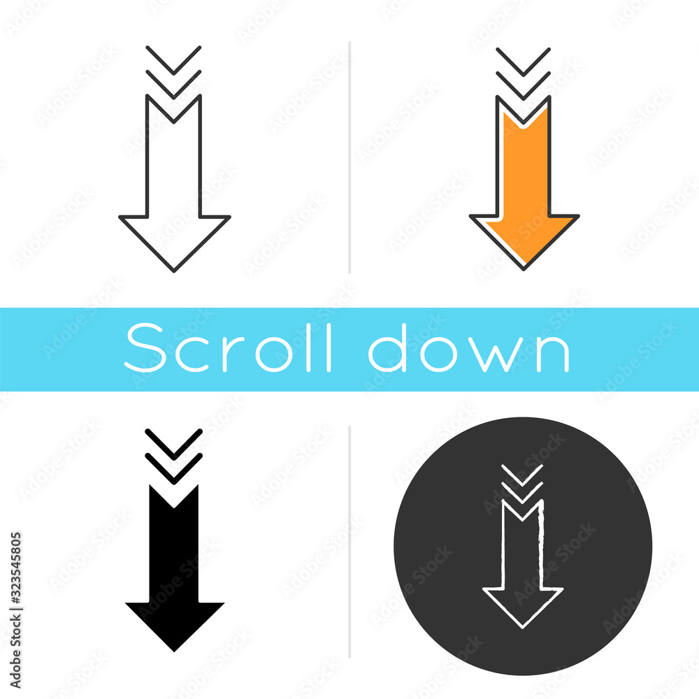 Poster down arrow icon. scrolldown gesture, interface navigational button. way direction indicator. downloa