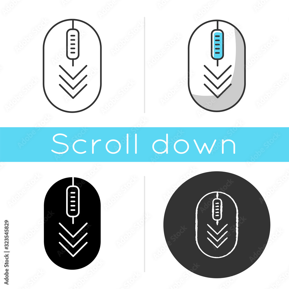 Poster computer mouse with down arrows icon. scrolldown gesture indicator. pc element with three arrowheads