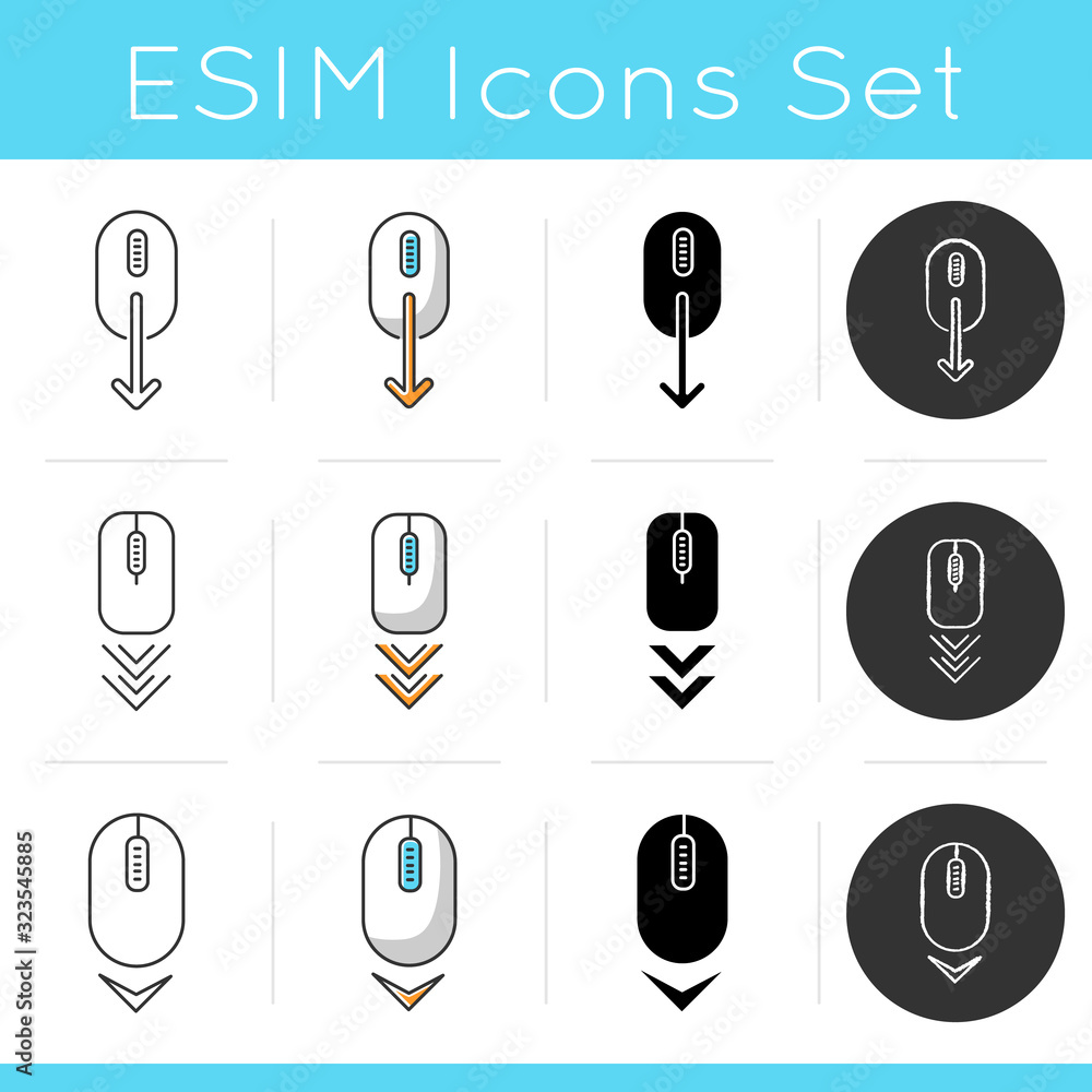 Poster scrolling down icons set. computer mouse and arrowheads buttons. moving arrows. cursor and download 