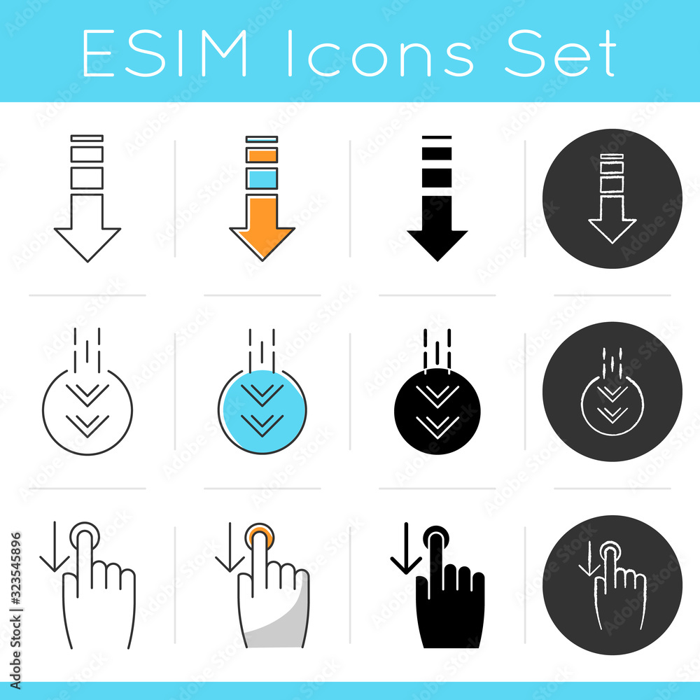 Poster scrolldown icons set. swipe down indicators for smartphone touchscreen. arrows mobile app interface 