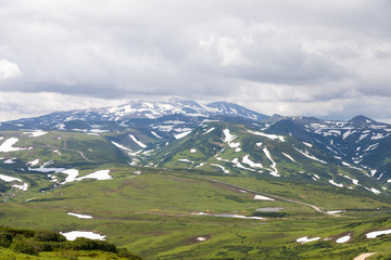Fototapeta premium Vilyuchinsky Pass, Kamchatka Peninsula, Russia. It is located at an altitude of about 1000 meters above sea level overlooking the Vilyuchinsky volcano.