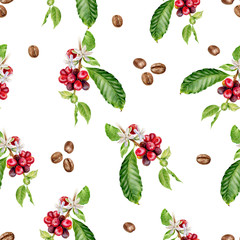 Coffee branch hand drawn watercolor illustration. Seamless pattern.