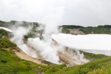 Small Valley of Geysers, Kamchatka Peninsula, Russia. This is a unique active fumarole field, the hot gases of which pass through the water of a cold stream, heating it and creating a gushing effect.