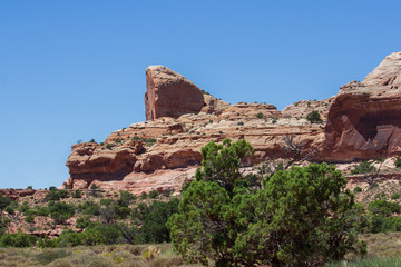  Red and brown sandstone cliff with blue sky and green bushes in America's southwest.