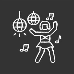 Go go dancer chalk white icon on black background. Trendy night club recreation, rave party. Energizing dancer, young clubber dancing on nightclub stage isolated vector chalkboard illustration