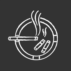 Ashtray chalk white icon on black background. Smoking addiction, dangerous habit, unhealthy lifestyle. Ash tray with burning cigarette and stubs isolated vector chalkboard illustration