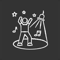 Discotheque chalk white icon on black background. Night club recreation, active leisure, late night party. Young clubber on dance floor, dancing in spotlight isolated vector chalkboard illustration