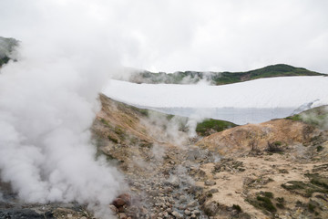 Small Valley of Geysers, Kamchatka Peninsula, Russia. This is a unique active fumarole field, the hot gases of which pass through the water of a cold stream, heating it and creating a gushing effect.