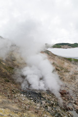 Small Valley of Geysers, Kamchatka Peninsula, Russia. This is a unique active fumarole field, the hot gases of which pass through the water of a cold stream, heating it and creating a gushing effect.