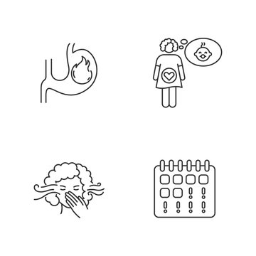 Early pregnancy symptom pixel perfect linear icons set. Heartburn in stomach. Feeling pregnant. Customizable thin line contour symbols. Isolated vector outline illustrations. Editable stroke