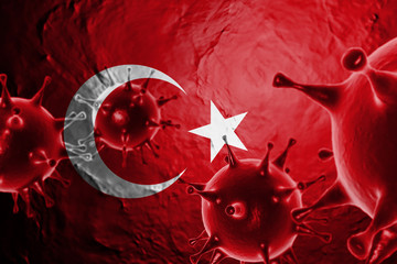 VIRUS WITH TURKEY FLAG, CORONAVIRUS, Flu coronavirus floating, micro view, pandemic virus infection, asian flu, covid, covid19, covid-19. 3D RENDER.