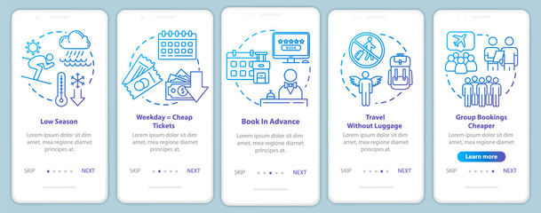 Reservation onboarding mobile app page screen with concepts. Low peak season. Group tour. Money saving travel walkthrough five steps graphic instructions. UI vector template, RGB color illustrations