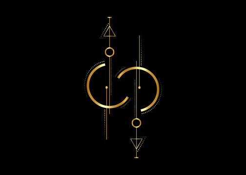 Gold Line Dot Tattoo Vector Art, new geometric design. Golden Sacred mystic signs drawn in lines, isolated on black background 