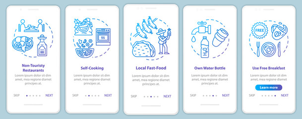 Food onboarding mobile app page screen with concepts. Self catering. Supermarkets. Budget tourism walkthrough five steps graphic instructions. UI vector template with RGB color illustrations