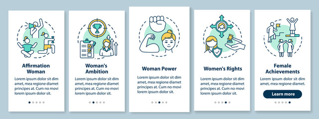 Women power onboarding mobile app page screen with concepts. Female rights and achievements walkthrough 5 steps graphic instructions. UI vector template with RGB color illustrations