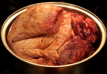 Fresh and raw cow lung inside a pot