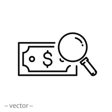 Cash Money Under A Magnifying Glass Icon, Dollar Bank Bill, Check Currency For Authenticity, Counterfeit Money, Thin Line Web Symbol On White Background - Editable Stroke Vector Illustration Eps10