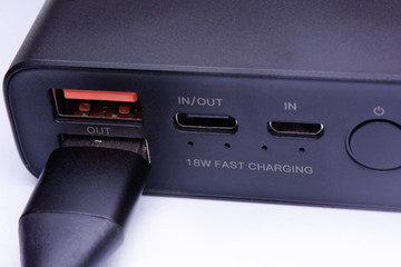 Obraz premium USB, USB Type-C and Micro-USB port on power bank