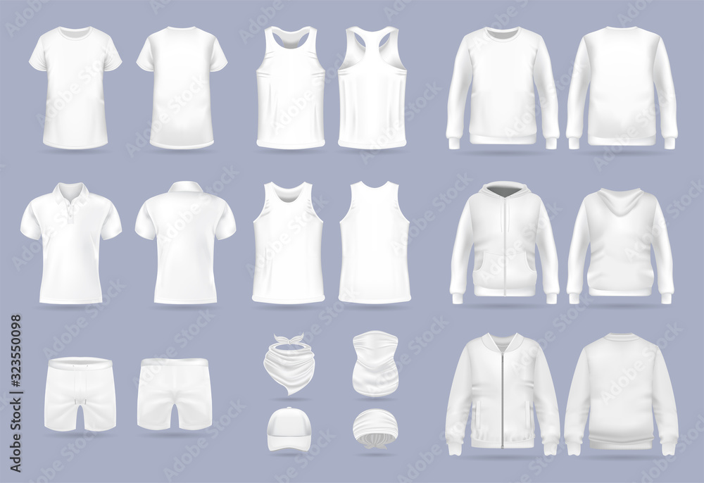 Wall mural Blank white collection of men's clothing templates. T-shirt, hoodie, sweatshirt, short sleeve polo shirt, jacket bomber, head bandanas and cap, tank top, neck scarf and buff. Realistic vector mock up